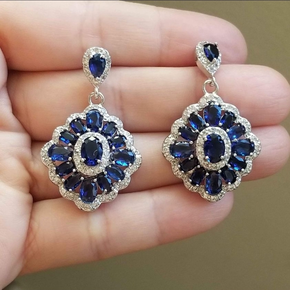 New 925 Silver Oval Cut Blue Sapphire Diamond Dangle Drop Stud Women Earrings